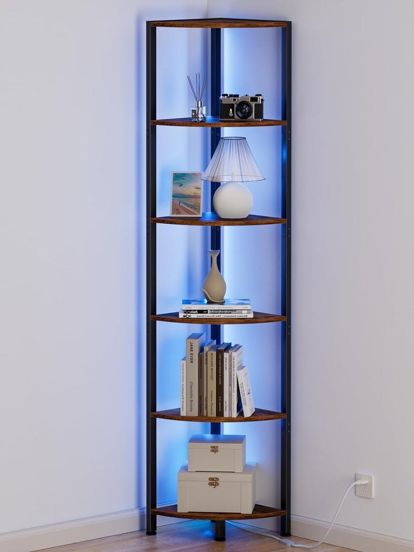 Furnulem 6 Tier Corner Shelf with LED Light, 67.5 Tall Standing Shelf Organizer, Narrow Bookshelf with Storage Rack for Wall Corner, Living Room, Bedroom, Metal Frame, Wood Display Shelf