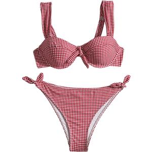 MakeMeChic Women's 2 Piece Plaid Bikini Sets Gingham Print Bow Knot Backless Swimsuits High Waist Bathing Suit (Medium, Red)