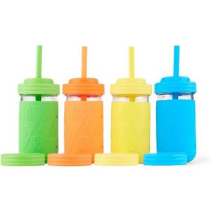 Elk and Friends Kids + Toddler Glass Cups | The Original 12oz Glass Mason Jar with Sleeves + Lids | Silicone Straws + Stopper | Smoothie Cup | Food Storage | Spill Resistant | Dishwasher Safe | 4 Pack (Blue/Orange/Green/Yellow)