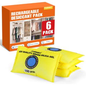 100g (6 Packs) Rechargeable Desiccant Packs for Storage, Color Indicating Silica Gel Desiccant Packets, Moisture absorbers for storage,Dehumidifier bag for Closets,Cars,Storage Bins (Yellow)