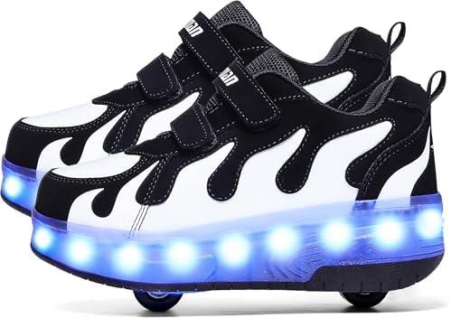 Aikuass USB Chargable LED Light Up Roller Shoes Wheeled Skate Sneaker Shoes for Boys Girls Kids 32 (B032-double Wheels-black/White)