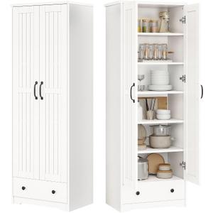 Decofy 70" Tall Storage Cabinets, Large Wood Storage Pantry Cabinet with 6 Adjustable Shelves, 2 Striped Doors & Drawer, Standing Utility Cabinet for Kitchen, Bathroom, Dining Room, Antique (White), 15.3"D X 25"W X 70"H