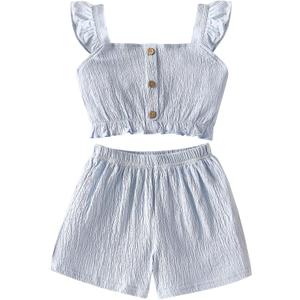 Girls Summer Outfits Flutter Sleeve Shirt Ruffle Hem Pleated Crop Top with Botton and Solid Shorts Sets Blue 11-12 Years (Blue, L)