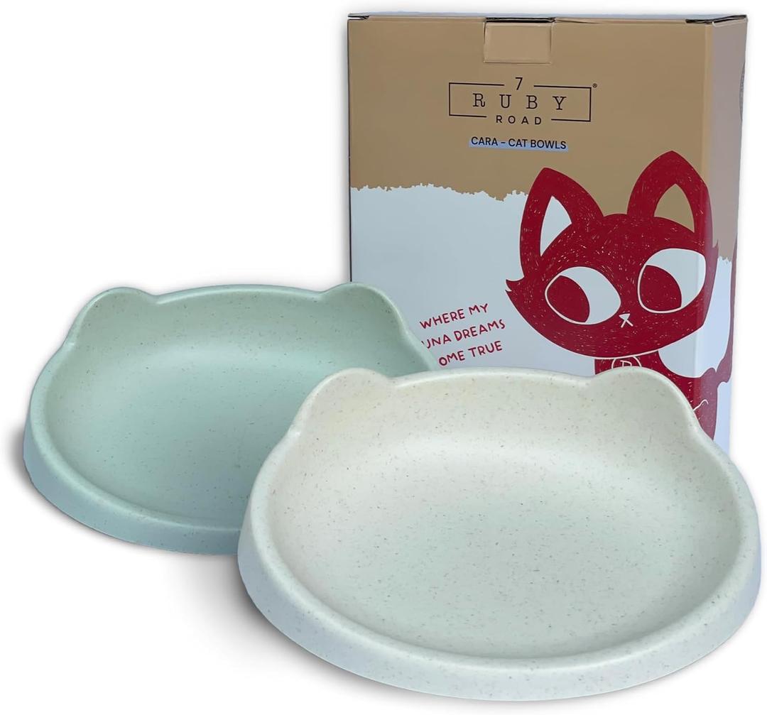 7 Ruby Road Anti Whisker Fatigue Cat Bowl, Set of 2 - Wide Food Bowls, Wet and Dry Shallow Food Dish, Small Cat Dishes for Indoor Cats, Cute Kitten Bowls Whisker Friendly & Relief, Non-Slip Plates (Mint Green and Cream)