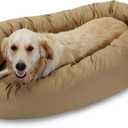 Majestic Pet 40 Inch Bagel Calming Dog Bed Washable  Cozy Soft Round Pet Bed with Spine Support for Dogs to Rest their Head - Fluffy Donut Puppy Bed 40x29x9 (Inch) - Large  Khaki