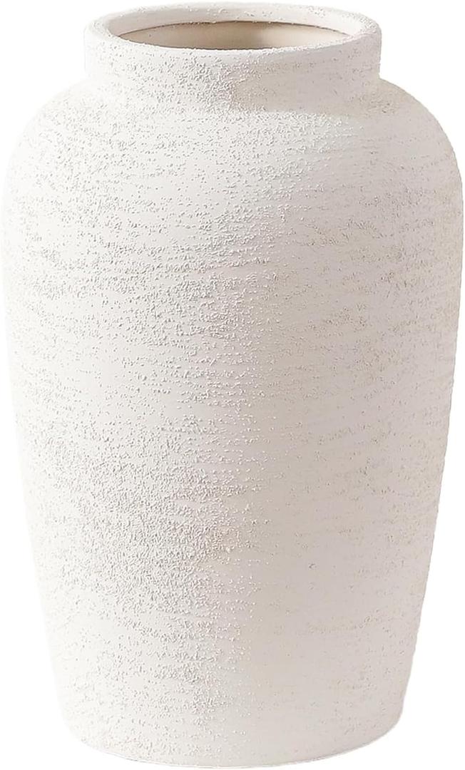 White Ceramic Vase Rustic Modern Farmhouse Vase for Home Decor, Decorative Flower Vase for Pampas Grass, Flowers, Living Room, Office Decor Table Centerpiece Shelf Bookshelf Decoration, 10" (Large)