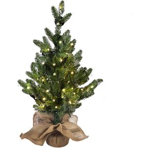 MorTime 24 Inch Mini Artificial Christmas Tree with 50 LED Lights, 2 ft Table Top Christmas Pine Tree 29 Tips with Burlap Wooden Base, Christmas Winter Home Decorations