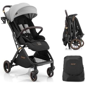 Gromast Gravity Folding Baby Stroller - Portable Travel Toddler Stroller w/Adjustable Backrest, Canopy, Footmuff & Cup Holder, Lightweight and UV Protected, One-Hand Automatic Folding - Light Gray