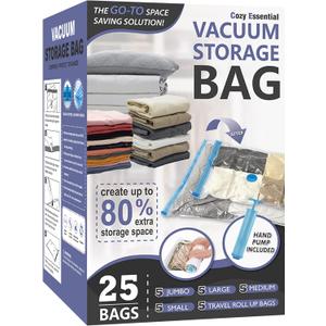 Cozy Essential Vacuum Storage Bags, 80% Compression Vacuum Seal Space Saver Plastic Packaging Bags for Clothes, Blankets, Pillow, Bedding, Comforters, Sealer Clothing Storage,25 Combo