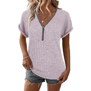 Koscacy Plus Size Evening Tops for Women Causal Zipper Pretty Womens Shirts Ladies Striped Summer Trendy Outfits Tshirt for Women Summer Cotton Pink XXL