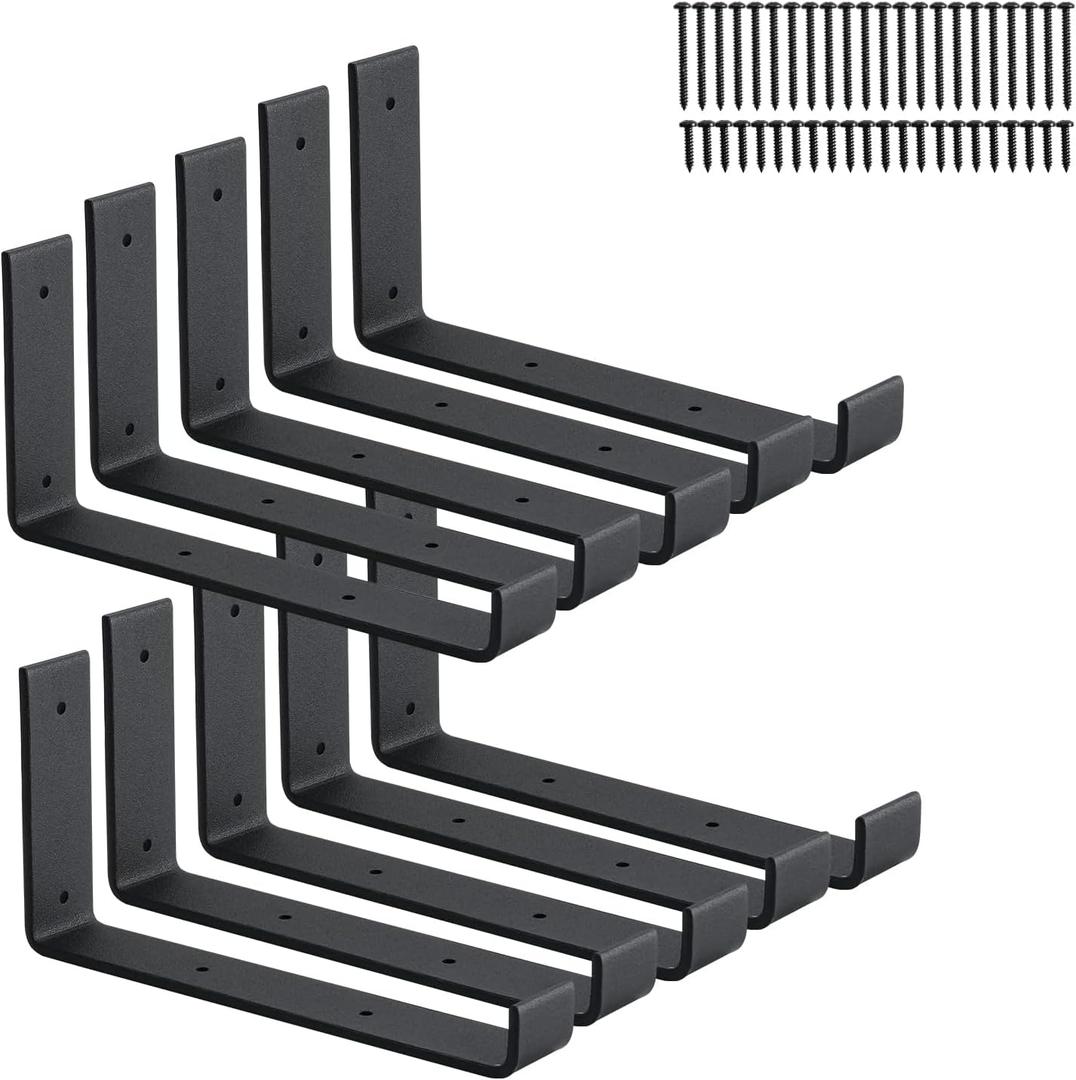 10 Pack Heavy Duty J Shelf Brackets with Lip, 9-Inch Industrial Wall-Mounted Floating Supports for 8.8" Wide Lumber Board, Black, HOME MASTER HARDWARE