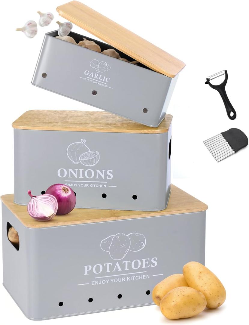 Kitchen Vegetable Storage Set of 3, Metal Onion Garlic Potato Storage Set, Kitchen Canisters Vegetable Keeper Containers with Aerating Holes and Wooden Lid (Grey)