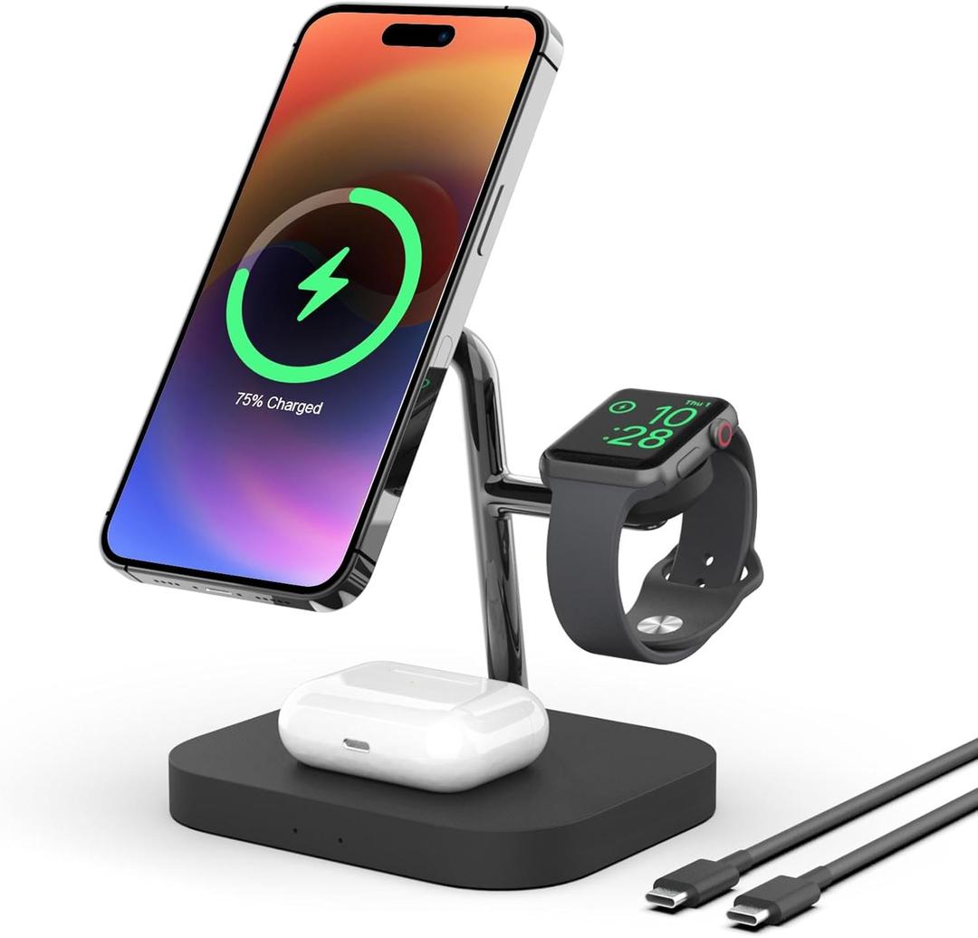Wireless Charger, Boaraino Magnetic 3 in 1 Wireless Charging Station Compatible with iPhone16/15/14/13/12 Serie, Apple Watch10/ 9/8/7/6/SE/5/4/3, AirPods 2/3/4/Pro (Metallic)