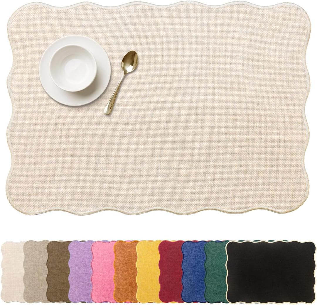 AHHFSMEI Faux Linen Placemats Set of 6 Heat Resistant Non-Slip Stain Proof Table Mats for Kitchen Dining Elegant Decor Place Mats (Beige), Rectangle