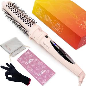 ANGENIL Thermal Hair Brush - Heated Hair Comb for Women, 1.5 inch Volumizer and Straightener, Tourmaline Ceramic Curling Iron, Detachable, Frizz-Free, Negative Ion, Dual Voltage, Beachwave, Pink