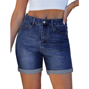 luvamia Jean Shorts for Women High Waisted Trendy Mid Thigh Long Cuffed Hem Stretchy Denim Shorts Casual Summer Jorts (Small, Classic Blue)