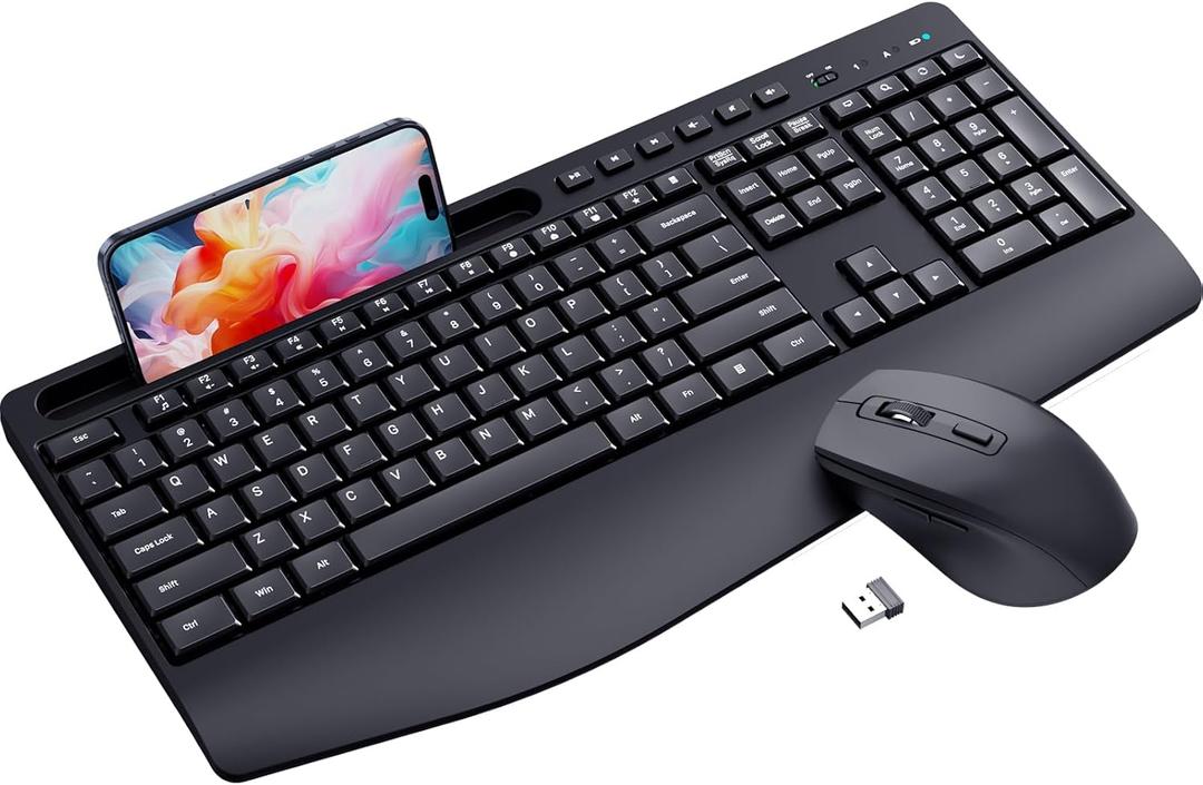 Ergonomic Wireless Keyboard and Mouse Combination, LIZRROT 2.4GHz Quiet Full Length Mouse and Keyboard, Wrist Stand, Phone Holder, Compatible with Windows, PC, Laptops (Black-non-backlit)