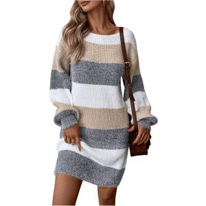 SOLY HUX Sweater Dresses for Women 2025 Long Sleeve Striped Knit Dress Fall Winter Dresses for Women Trendy (Gray, M)