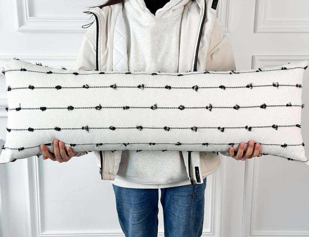 Decorative Extra Long Lumbar Pillow Cover, 12 x 36, Striped Pattern Boho Long Lumbar Pillow Case for Bed, Sofa, Couch, Farmhouse, Black, Modern Accent