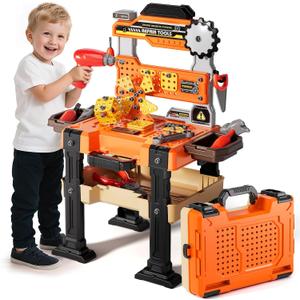 2 x Kids Tool Tool Bench Set Pretend Construction Toys Electric Drill Tool Box | Large pretend kids tool bench with storage tray,complete screws,wrench & electric drill toy Christmas gift for little boys