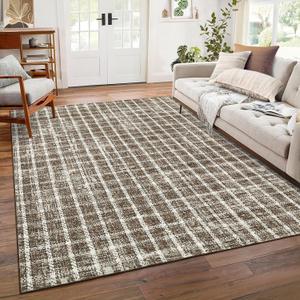 Checkered Washable Area Rug 6x9 Rug for Living Room Tan Brown Brown Braided Geometric Print Soft Thin Carpet for Bedroom Dining Nursery Rug with Rubber