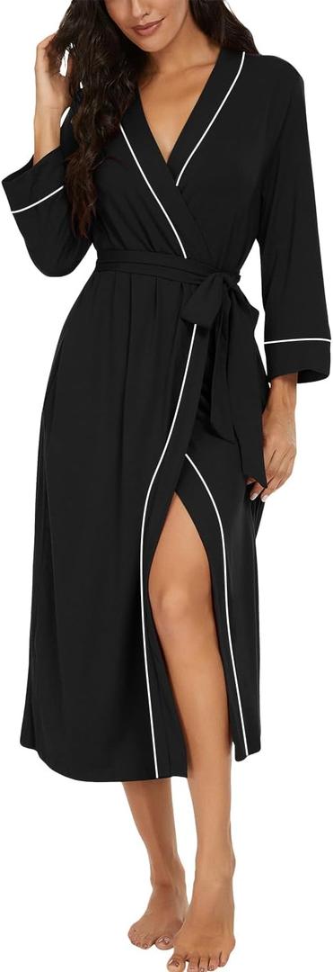 PrinStory Womens Robe Long Knit Bathrobe Lightweight Soft Robes Ladies Bath Robe (Black, XXL)
