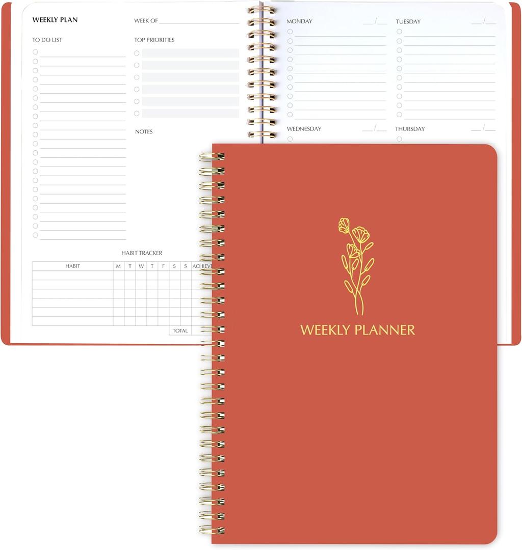 Simple Weekly Planner Undated & To Do List Notebook with Habit Tracker - 6.5x9.25" 60 Sheets Terracotta - Spiral Weekly Planner Notepad for Work and Life Tasks Journal - Minimalist Undated Planners
