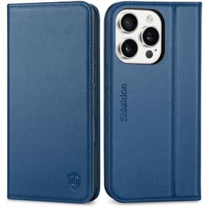 SHIELDON Case for iPhone 16 Pro 5G, Genuine Leather Wallet Flip Magnetic RFID Blocking Credit Card Slots Kickstand Shock-Absorbent TPU Shell Cover Compatible with iPhone 16 Pro 6.3" - Royal Blue