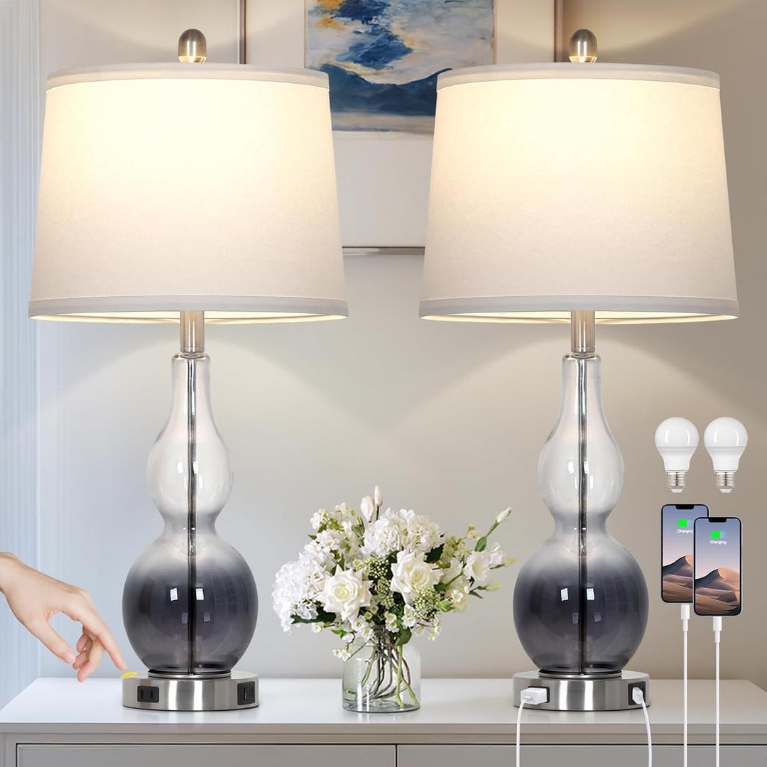 27.5" Gradual Gray Clear Glass Table Lamp Set of 2, 3-Way Dimmable Touch Control Bedside Lamps with USB Ports and AC Outlet, Modern Nightstand Lamps for Bedroom Living Room