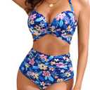 High Waisted Underwire Bikini Sets - Women 2025 Two Piece Swimsuits Halter Bathing Suits with Tummy Control Bottom (Large, Blue Floral)