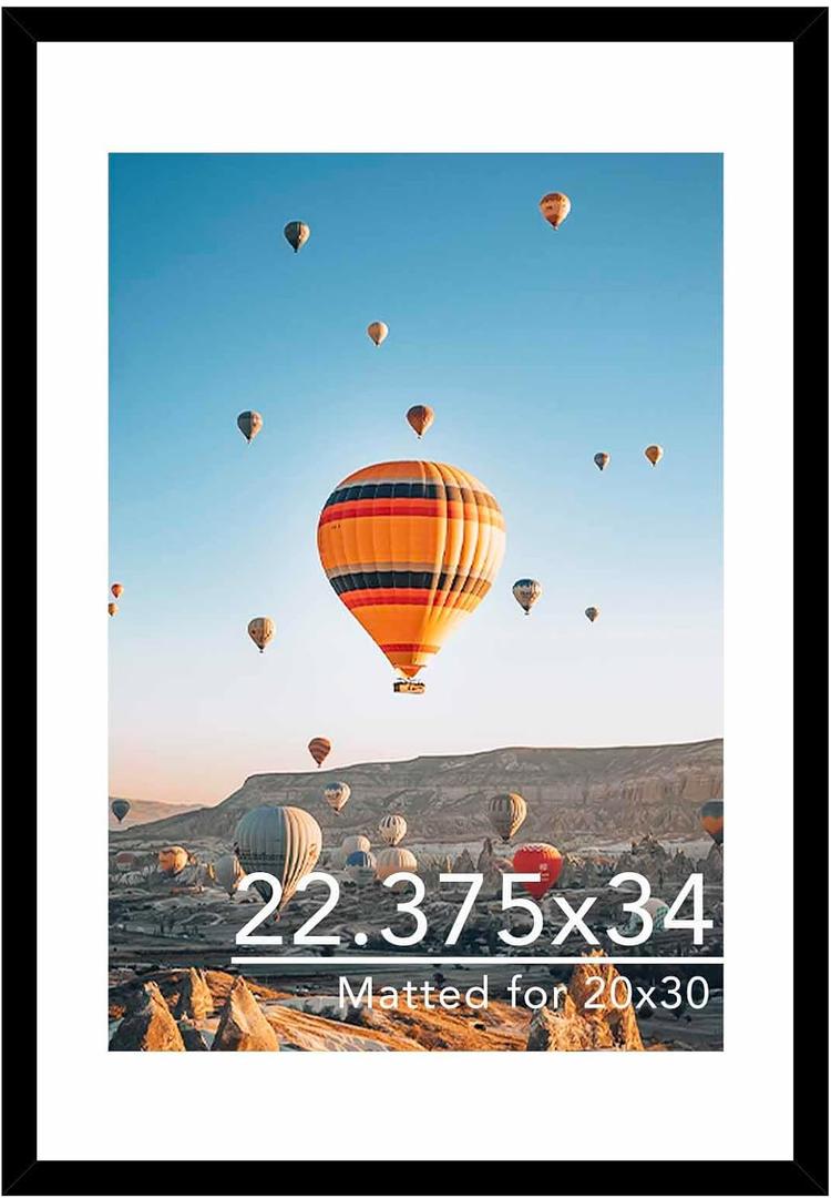 JCJMY 22.375x34 Picture Frame with 20x30 Mat, Display Photo 20x30 with Mat or 22.375 x 34 Without Mat, Wall Hanging Large 22.375 by 34 Poster Frame with Plexiglass, Black