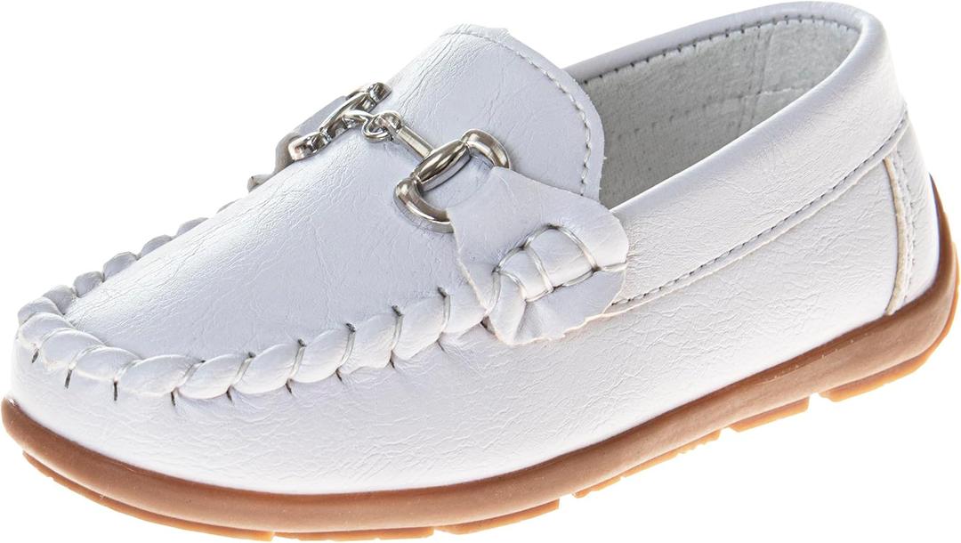 Josmo Boys Moccasin Driving Loafers - Casual Dress Penny Slip On Boat Shoes - White (Size 4 Big Kid)