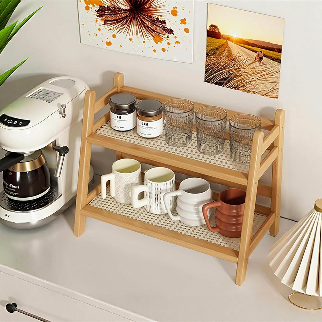 Tea and Coffee Bar Station Organizer, Bamboo Mug Holder Countertop, Matcha Stand, Cup Display Shelf, Condiment Storage Rack for Kitchen Counter, 2 Tier (17.7in)