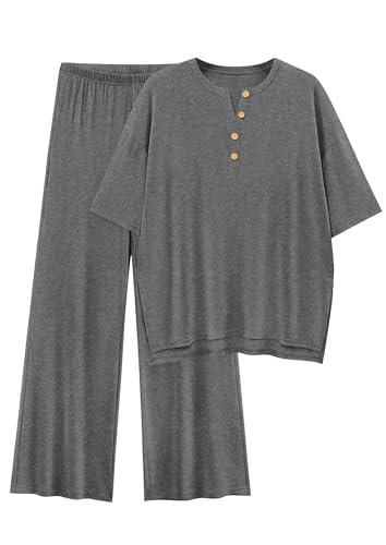 PRETTYGARDEN 2 Piece Lounge Sets for Women Summer 2025 Short Sleeve Tops Wide Leg Pants Matching Travel Outfits Clothing (Grey,X-Small)