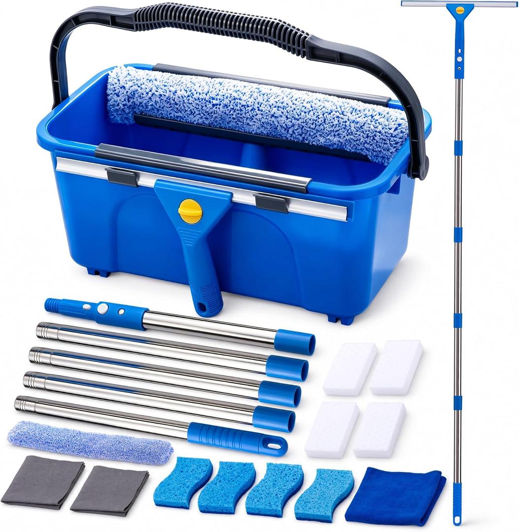 Window Cleaning Kit with Bucket, 76" Extension Pole, Squeegee & Washer