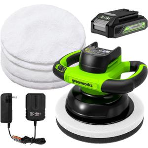Greenworks 24V Powerful 10" Cordless Orbital Buffer, 10-inch pad 2800 RPM waxing machine with 4 Buffing Bonnets, 2.0Ah Battery & 2A Charger included