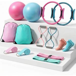 Poen Pilates Equipment Kit for Home Workout Pilates Ring and Ball Set for Women 12'' Circle Yoga Fitness Essentials Kit with Resistance Bands, Yoga Strap, Socks,Bag