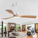 52" Ceiling Fans with Light with Remote Control Ceiling Fans with 3 Wood Blades, Solid Wood Ceiling Fan Indoor Outdoor for Dining Room, Living Room, Office, Farmhouse etc. (White + Original Wood)