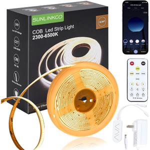 COB LED Strip Light 16.4ft, Dimmable 2300K-6500K White CCT Tunable, DC 24V Cuttable LED Tape Light, High Density 3040 LED 36W CRI 90, APP Remote Control, Music Mode, For Home DIY, Living Room, Bedroom