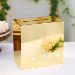 UNIQOOO Metallic Gold Mirror Acrylic Wedding Card Box w/8mm Slot, Large 10x10x5.5 inch w/White Print | Thick DIY Wedding Receptions Wishing Well Money Box, Graduation, Birthday, Memory Box