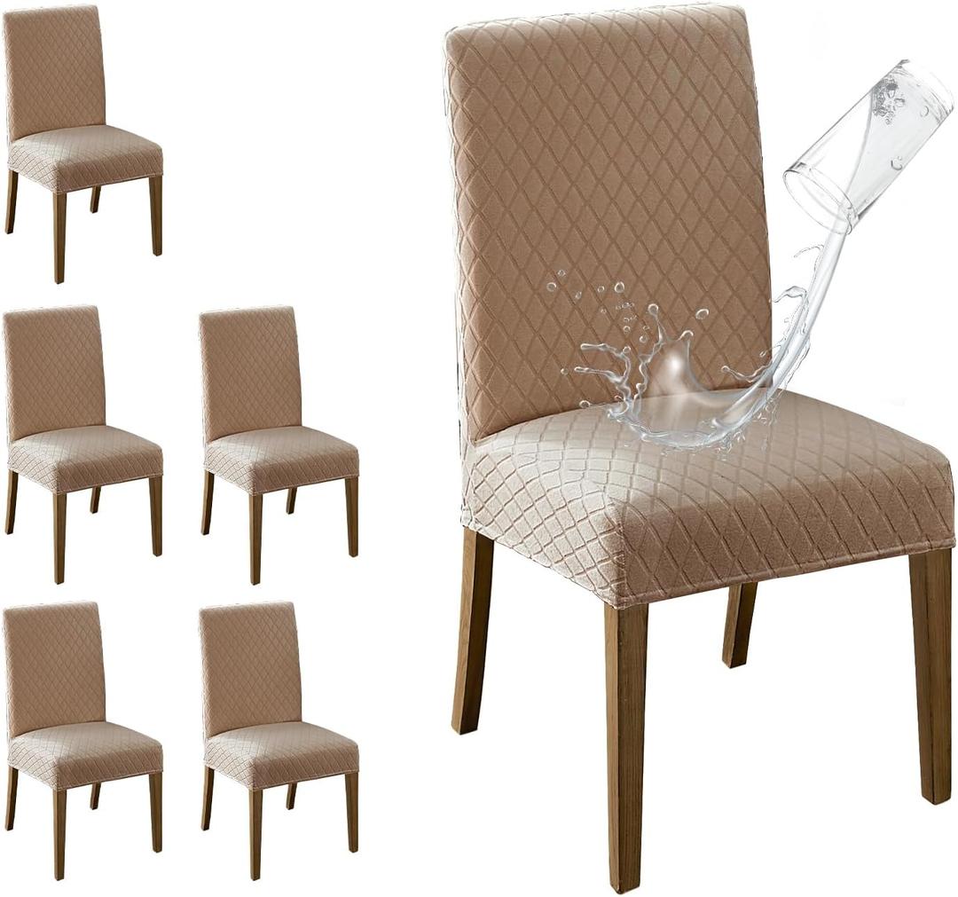 MOSAYT 100% Waterproof Dining Room Chair Covers Set of 6, Super Fit Stretch Jacquard Parson Chairs Slipcovers Removable Washable Chair Seat Protectors for Home, Kitchen, Banquet (Khaki - XL)