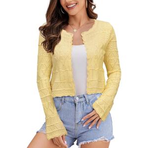 FAIRY SEASON Women's Cropped Cardigan Sweater Bell Long Sleeve Lightweight Crochet Button Down Knit Bolero Shrugs for Dresses (Medium)