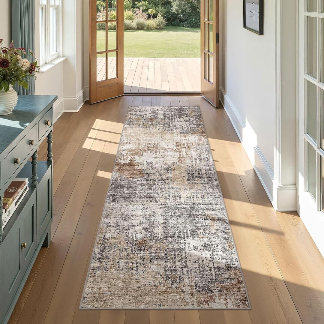 DMOYEST Washable Runner Rug for Hallway: 2.6x8 Neutral Modern Abstract Low Pile Area Rug with Non-Slip Backing - Carpet for Bedroom Kitchen Laundry Entryway Bathroom Indoor - Grey Brown