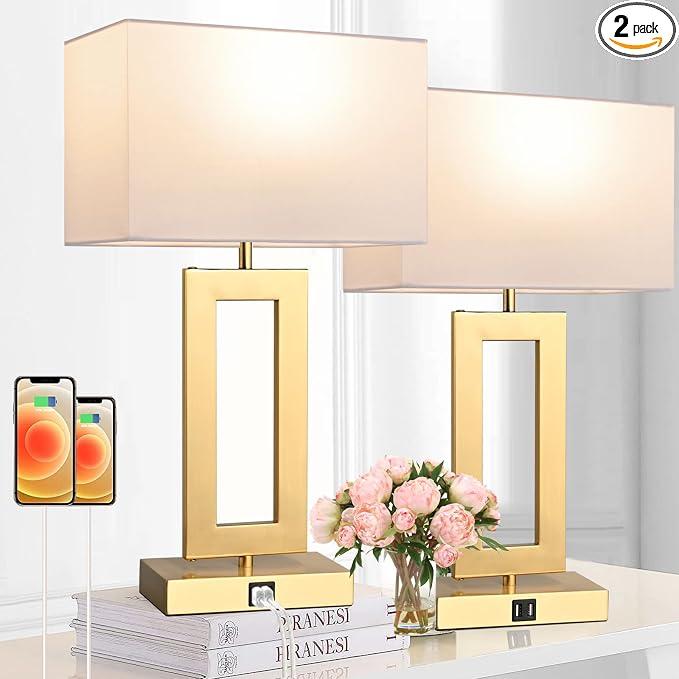 BrightWe 22’’ Set of 2 Touch Control Table Lamps w. 2 USB Ports, 3-Way Dimmable Bedroom Bedside Nightstand Touch Lamps, Modern Gold&White Lamps for Living Room End Table, LED Bulbs Included