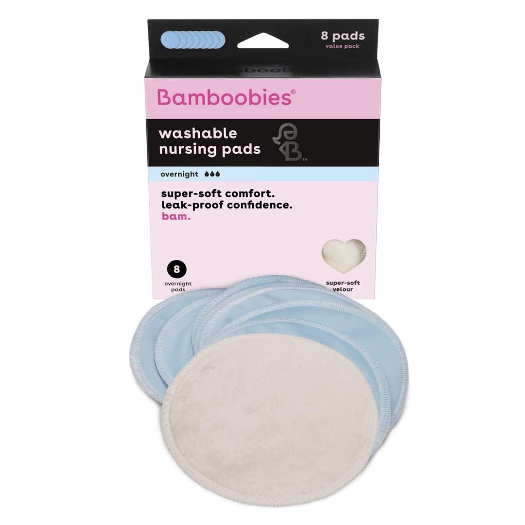 Bamboobies Overnight Nursing Pads, Ultra-Soft Velour, Reusable and Washable for Nightly Use, Leak-Proof Pads for Breastfeeding, 4 Pads