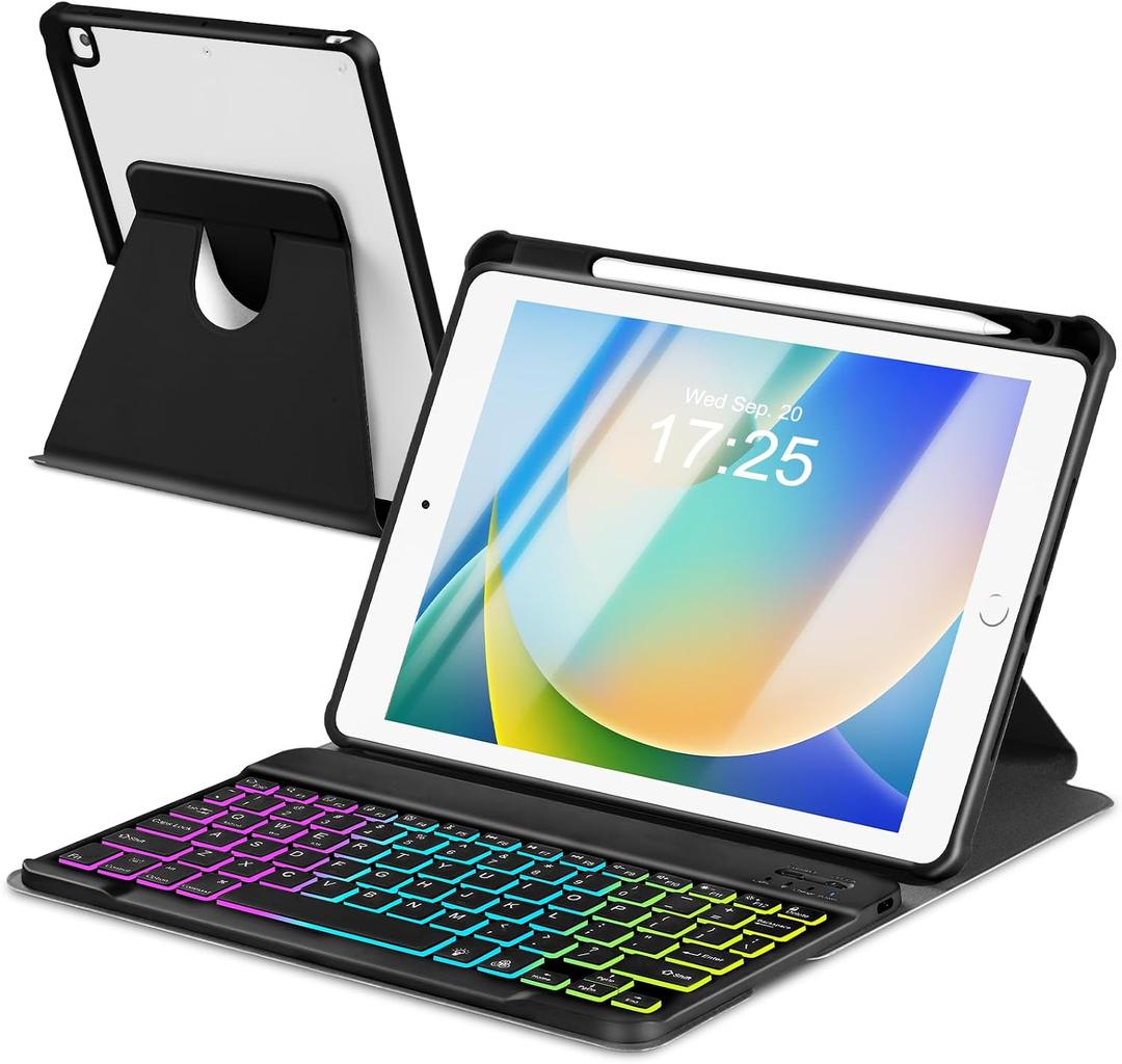 EAMPANG Case with Keyboard for iPad 9th 8th 7th Generation 10.2 inch,7 Rainbow Backlit Detachable Wireless Keyboard Rotatable Magnetic Cover with Pencil Holder for iPad Air 3rd Gen/Pro 10.5 Black