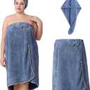 OneDream Plus Size Towel Wrap for Women, Adjustable Towel Wrap Women with Hair Towel (XXL-XXXXL), Bath Towel Dress After Shower, Large Spa Towels for Body Blue