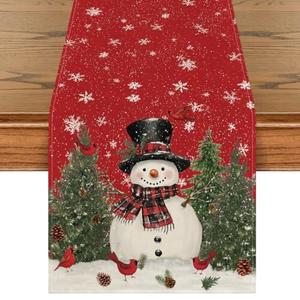 Artoid Mode Snowman Christmas Birds Trees Table Runner, Seasonal Winter Xmas Holiday Kitchen Dining Table Decoration for Home Party Decor 13 x 60 Inch