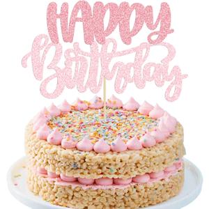 Gyufise 1Pcs Happy Birthday Cake Topper Glitter Cake Pick for Celebrating Anniversary Theme Party Cake Decorations Supplies Pink