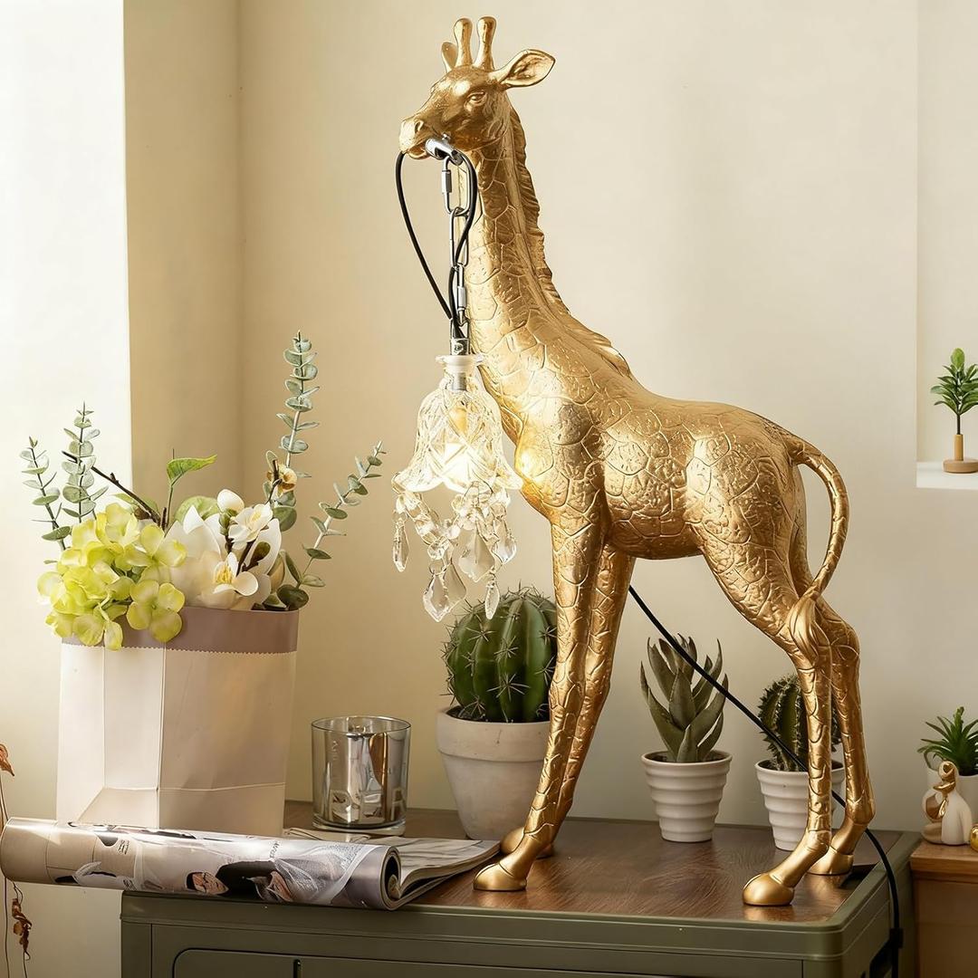 Resin Big Giraffe Table Lamp,H23.6in,Cute Animal Decor Lamp for Bedroom Living Room, Eye-Caring LED Light with Crystal Lampshade for Kids Adults (Gold H23.6)